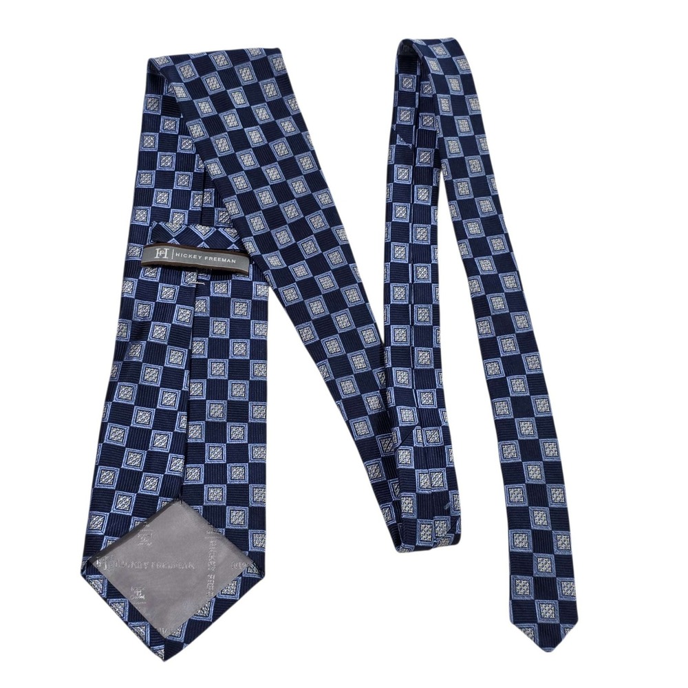 Hickey Freeman Mens Necktie Silk Blue Square Pattern Hand Made‎ in USA Luxury